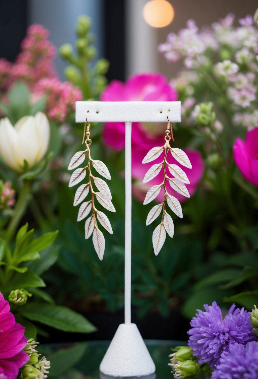 A pair of delicate floral leaf earrings hanging from a display stand, surrounded by vibrant blooms and greenery