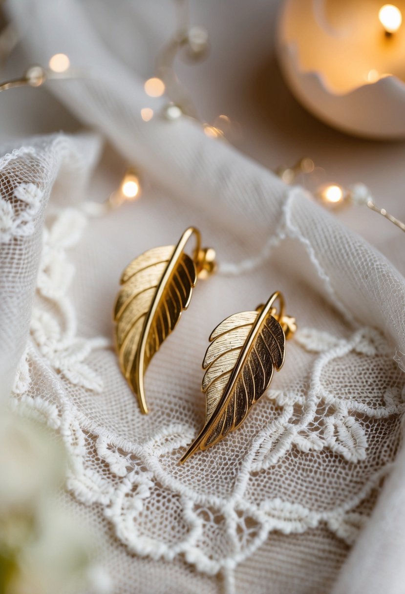 A close-up of vintage-inspired curved leaf earrings laid out on a delicate lace fabric, surrounded by soft, romantic lighting