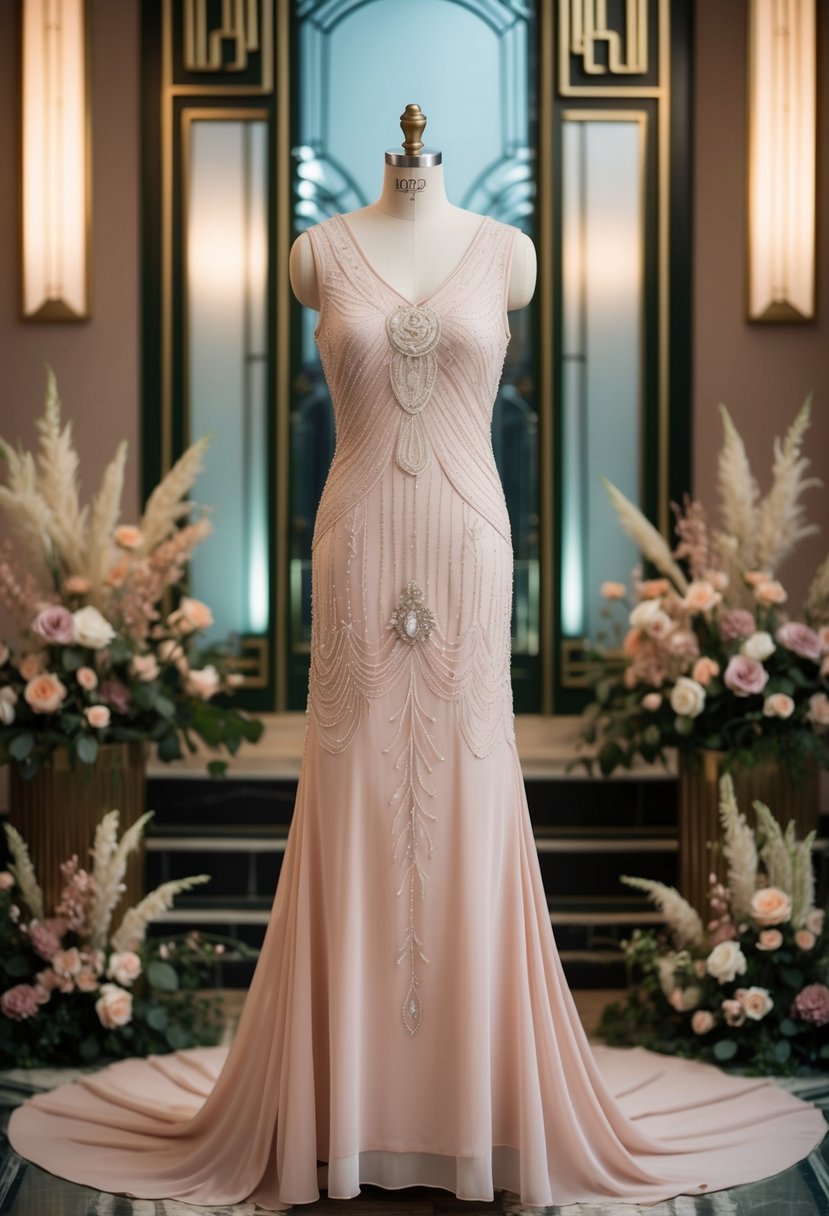 A 1920s style wedding dress in blush color tones, with intricate beading and lace details, set against a backdrop of art deco architecture and vintage floral arrangements