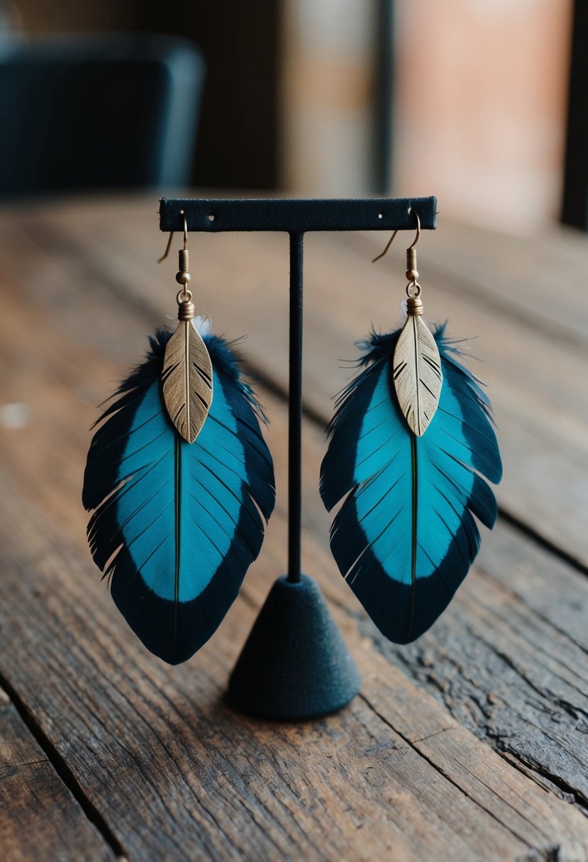 A pair of bohemian feather and leaf earrings displayed on a rustic wooden table with soft natural lighting