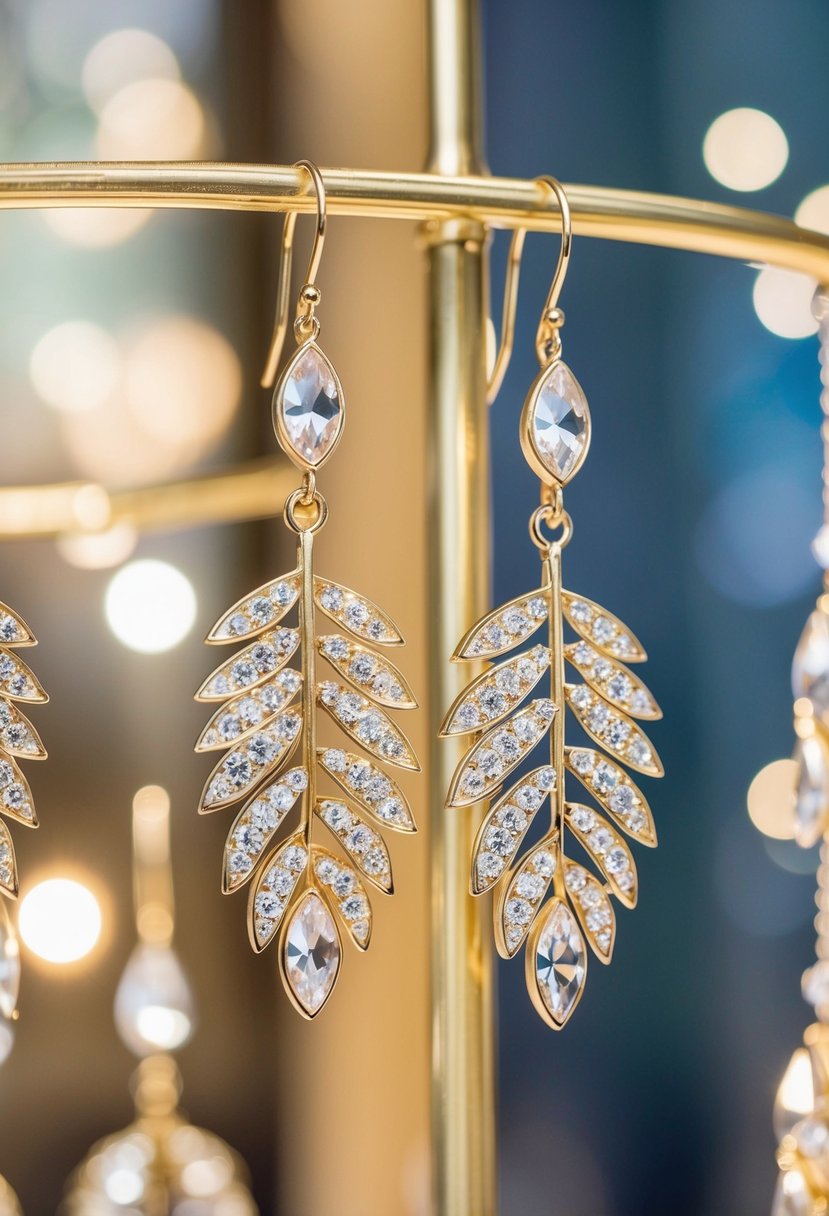 A pair of elegant leaf chandelier earrings dangle from a display, catching the light with their sparkling crystals and delicate design