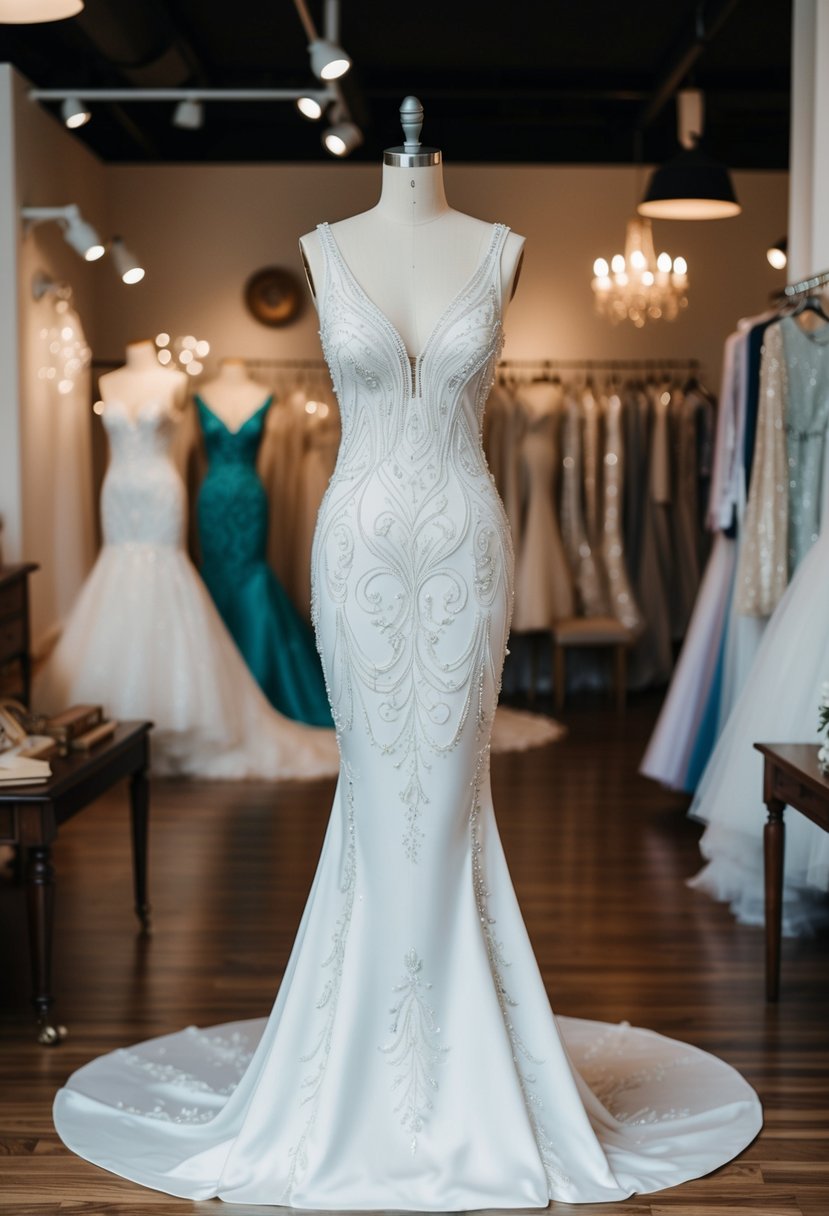 A mermaid silhouette 1920s style wedding dress displayed on a mannequin in a vintage bridal boutique