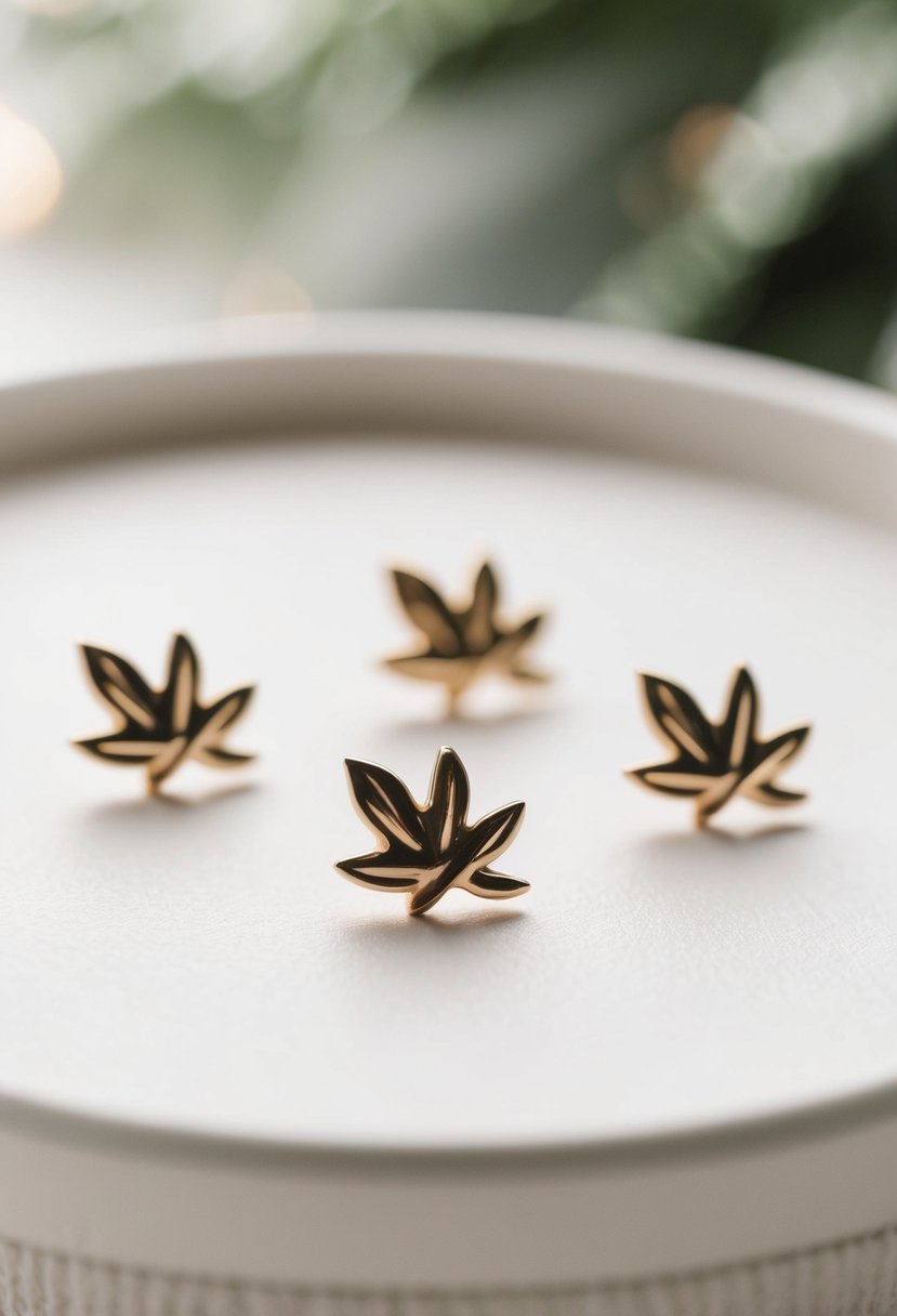 A close-up of delicate leaf-shaped studs arranged on a white surface, surrounded by soft, natural lighting