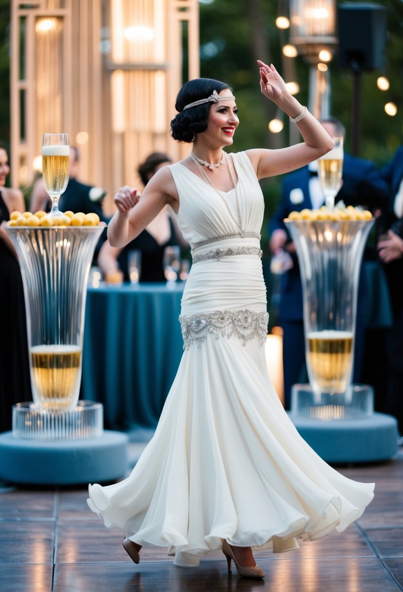 A bride in a 1920s drop-waist wedding dress dances the Charleston at a Gatsby-inspired outdoor reception, surrounded by Art Deco decor and champagne towers