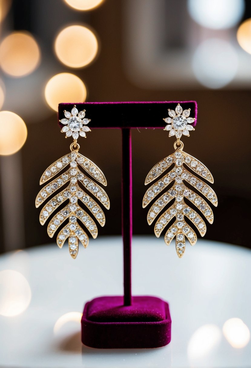 A pair of rhinestone sparkle leaf earrings displayed on a velvet jewelry stand, with soft lighting highlighting their intricate details