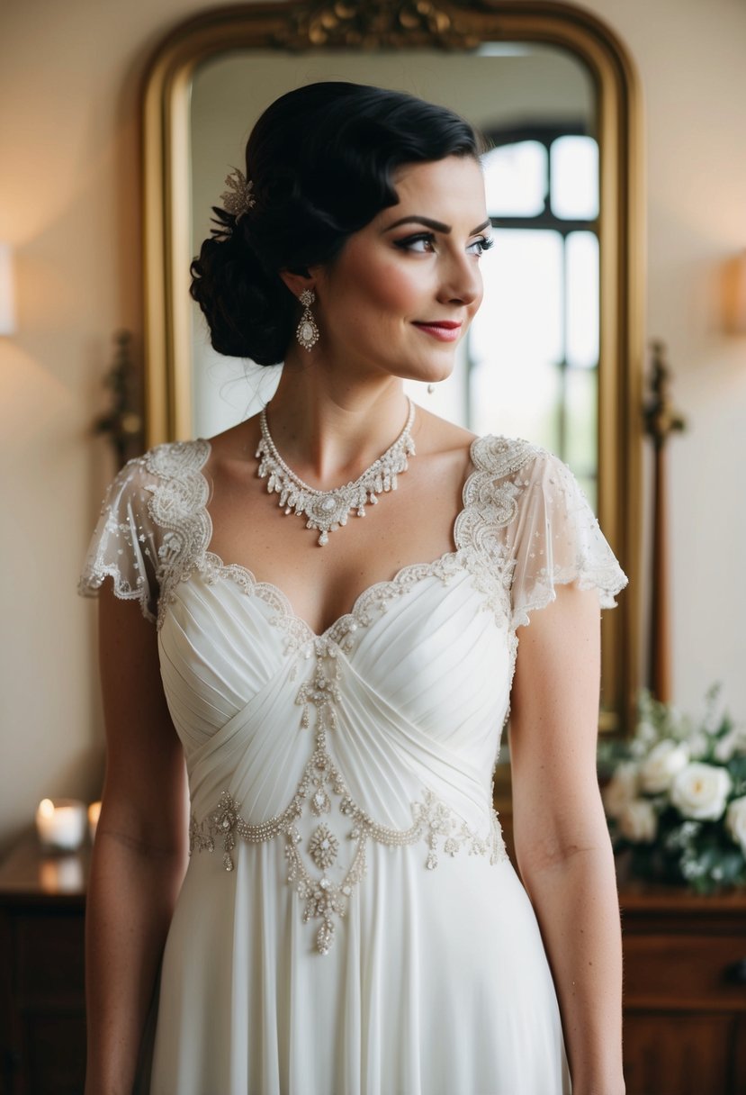 A bride in a 1920s-style wedding dress with a sweetheart neckline, adorned with lace and intricate beading, standing in front of a vintage mirror