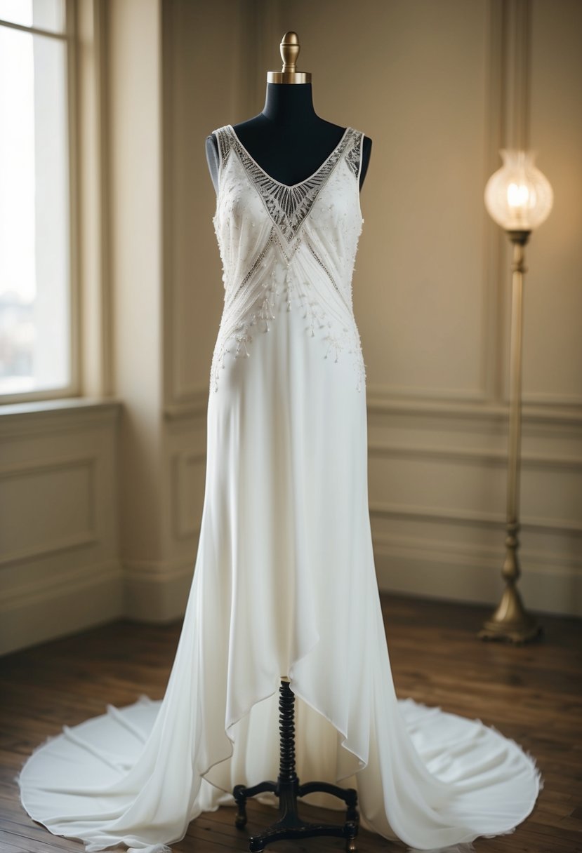 A 1920s style wedding dress with an A-line silhouette, adorned with delicate lace and beading, flowing gracefully on a mannequin