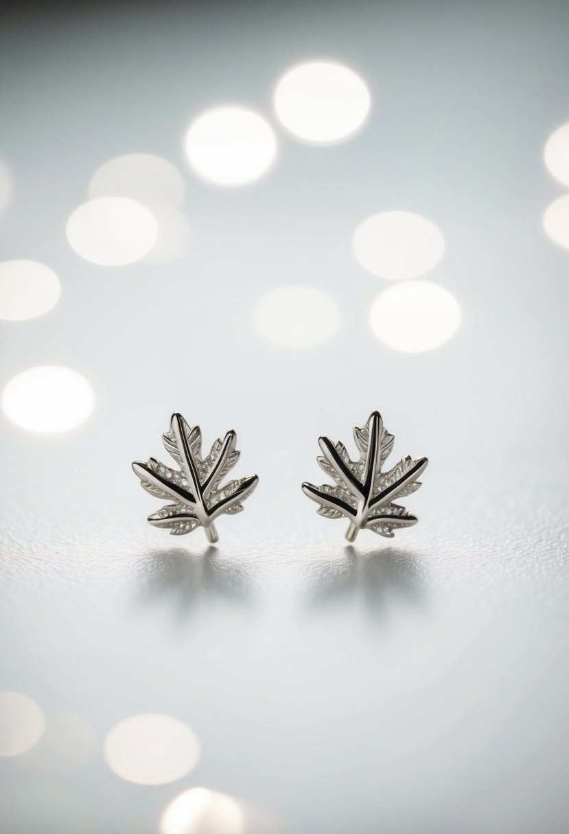 Two delicate silver leaf earrings on a white background