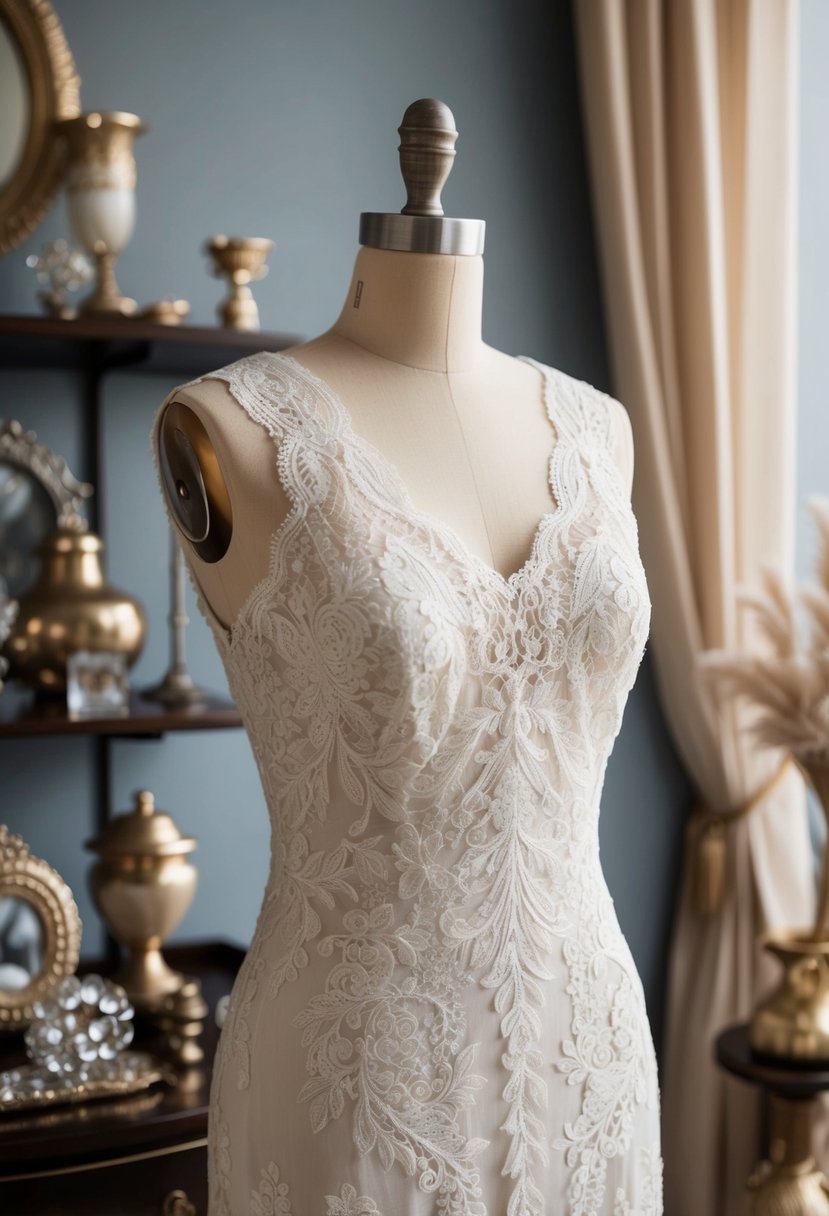 A vintage-inspired lace wedding dress on a mannequin, surrounded by 1920s accessories and decor