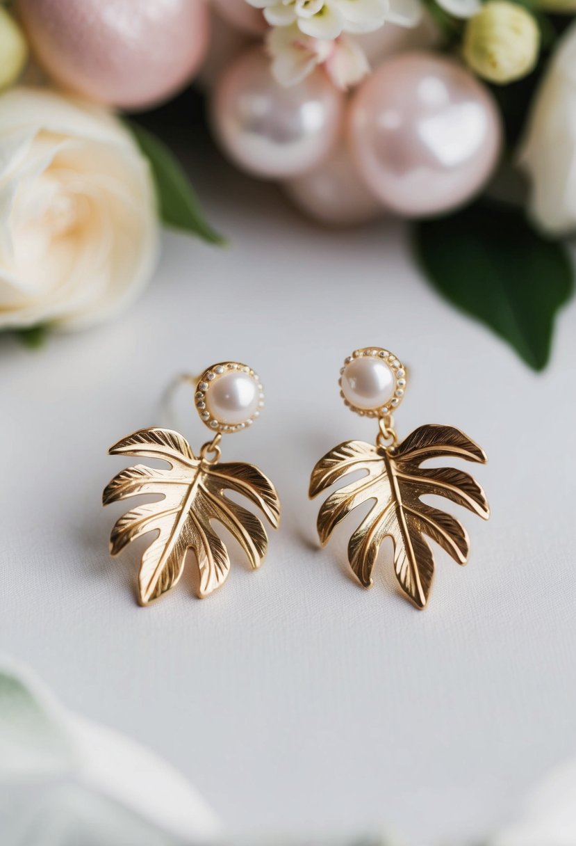 A pair of gold-plated leaf-shaped earrings adorned with delicate pearls, perfect for a wedding ensemble