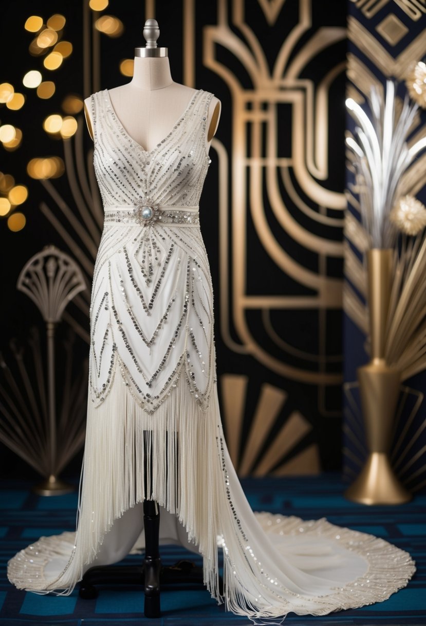 A flapper-style wedding dress with fringe, sequins, and a low waistline, set against a backdrop of art deco patterns and jazz-age accessories