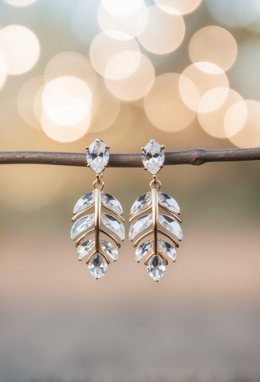 A close-up of elegant crystal leaf earrings against a soft, blurred background