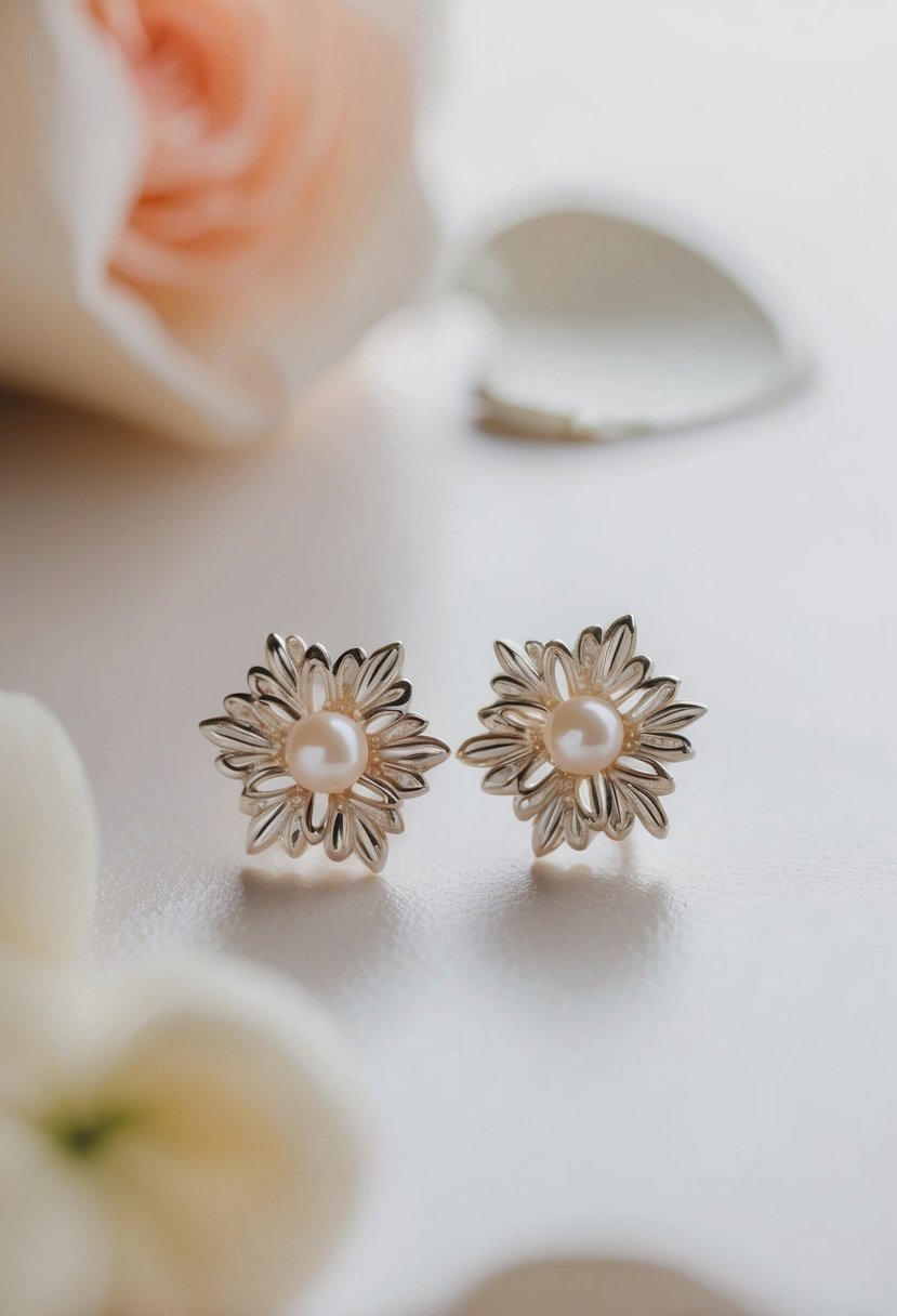 A delicate pair of pearl earrings with intricate flower designs, perfect for a wedding