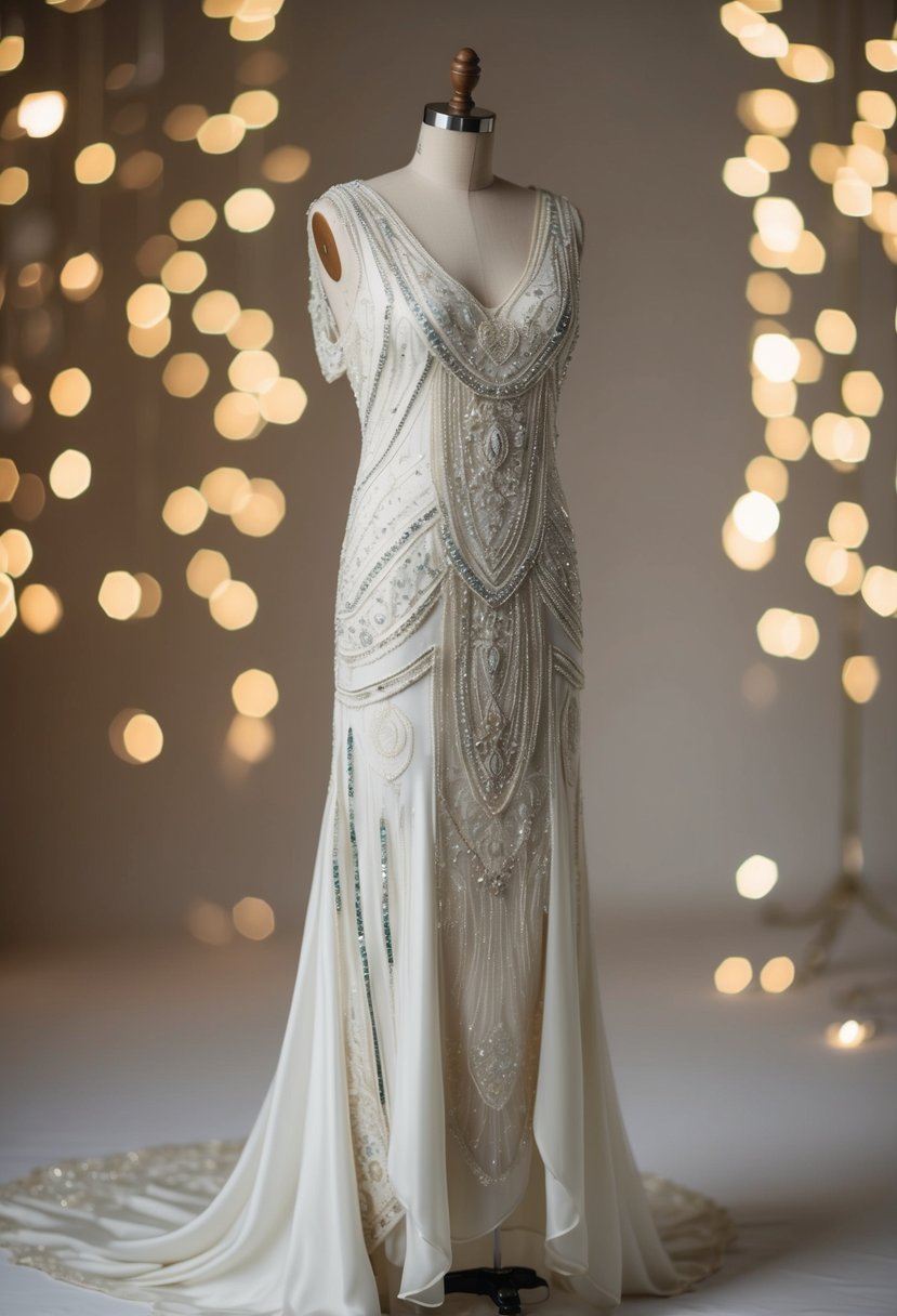 A 1920s style wedding dress with a mix of intricate lace, shimmering sequins, and flowing silk, adorned with art deco patterns and beaded embellishments