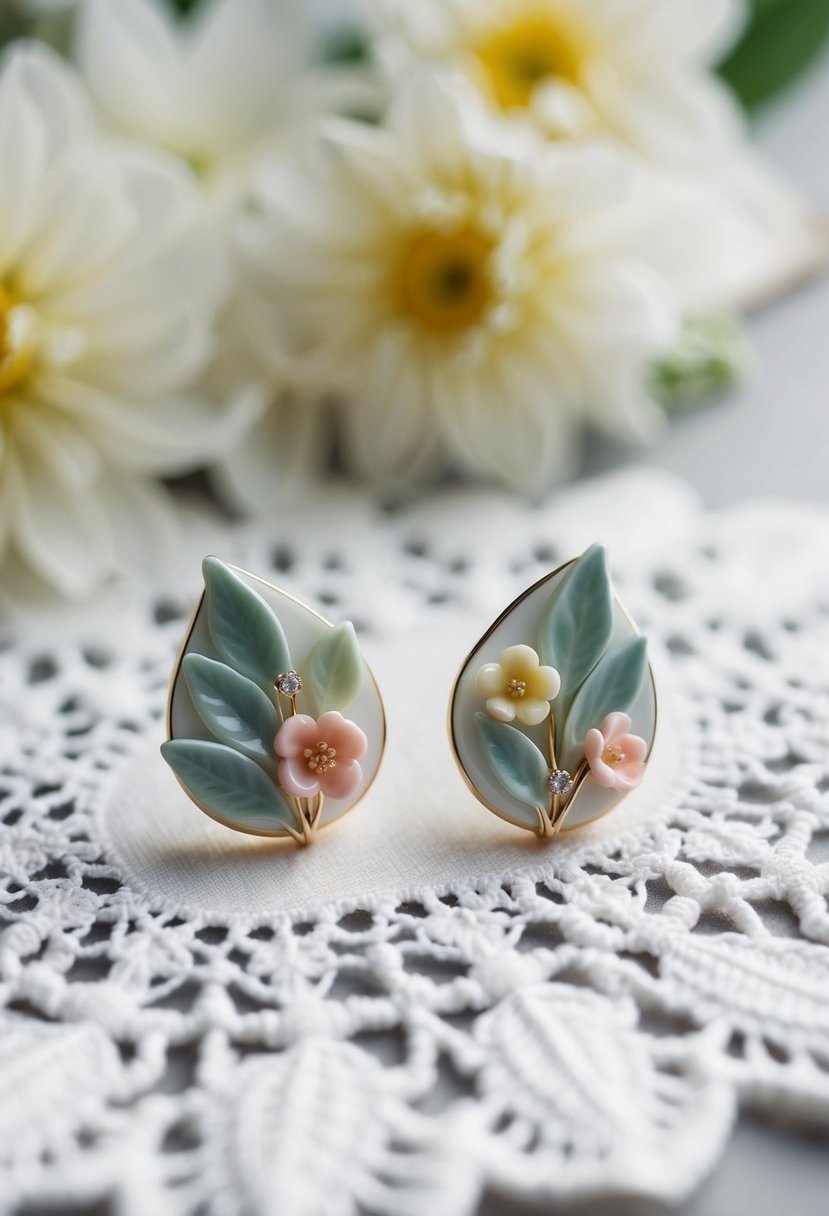 A pair of delicate porcelain leaf and floral earrings displayed on a white lace background, surrounded by soft natural lighting