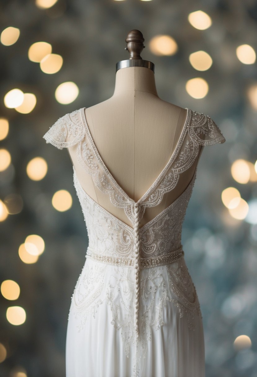 A 1920s style wedding dress with intricate lace, beading, and a low back, displayed on a vintage mannequin