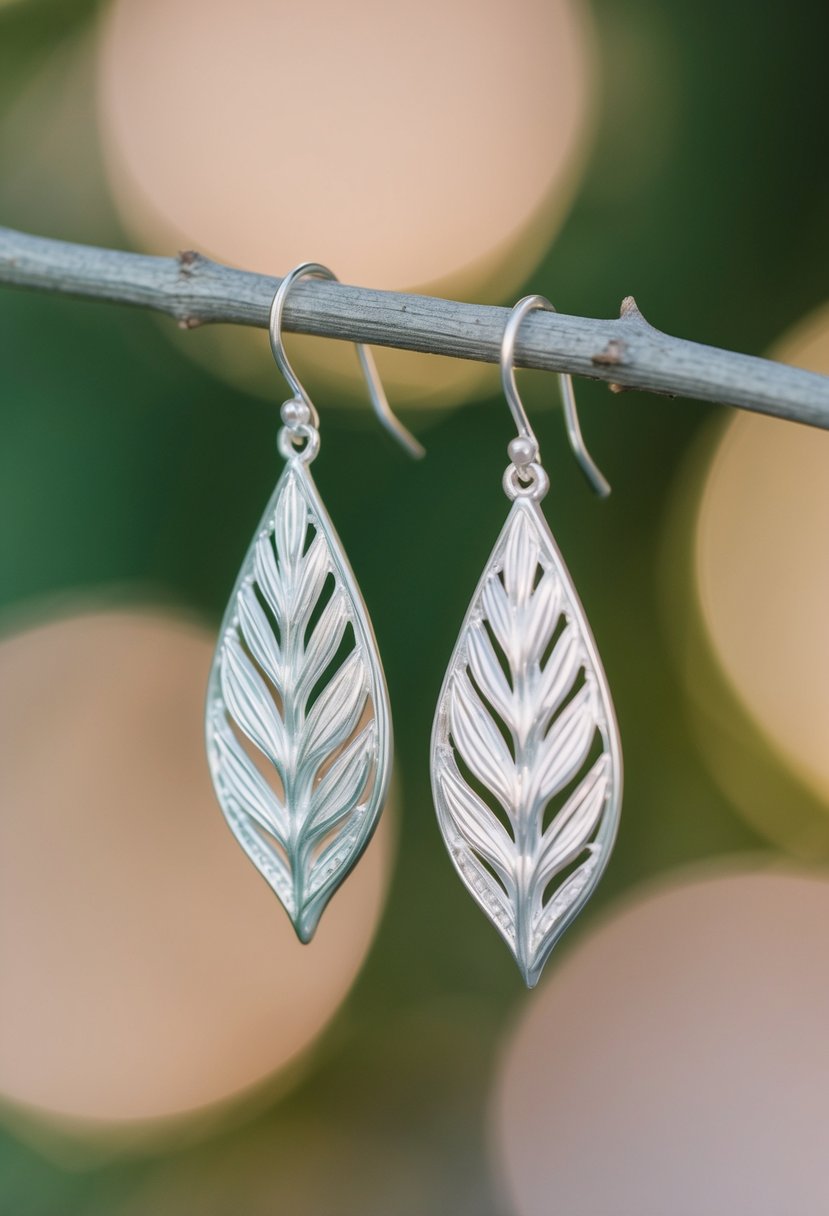 A pair of elegant teardrop-shaped earrings with delicate leaf designs, perfect for a wedding