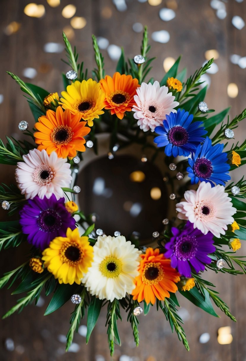 A delicate bouquet of colorful flowers arranged in a circular pattern, with small gemstones interspersed throughout