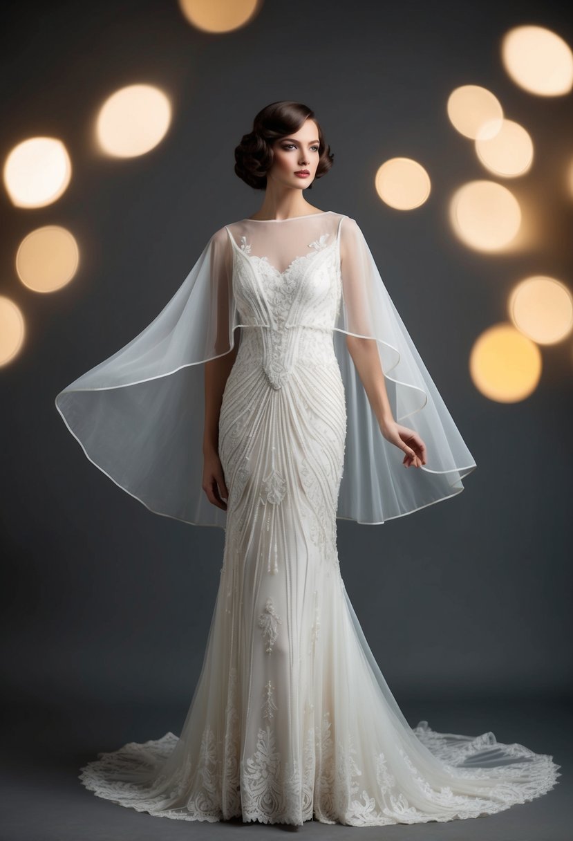 A figure in a flowing, sheer cape stands in a 1920s-style wedding dress, dramatic and elegant