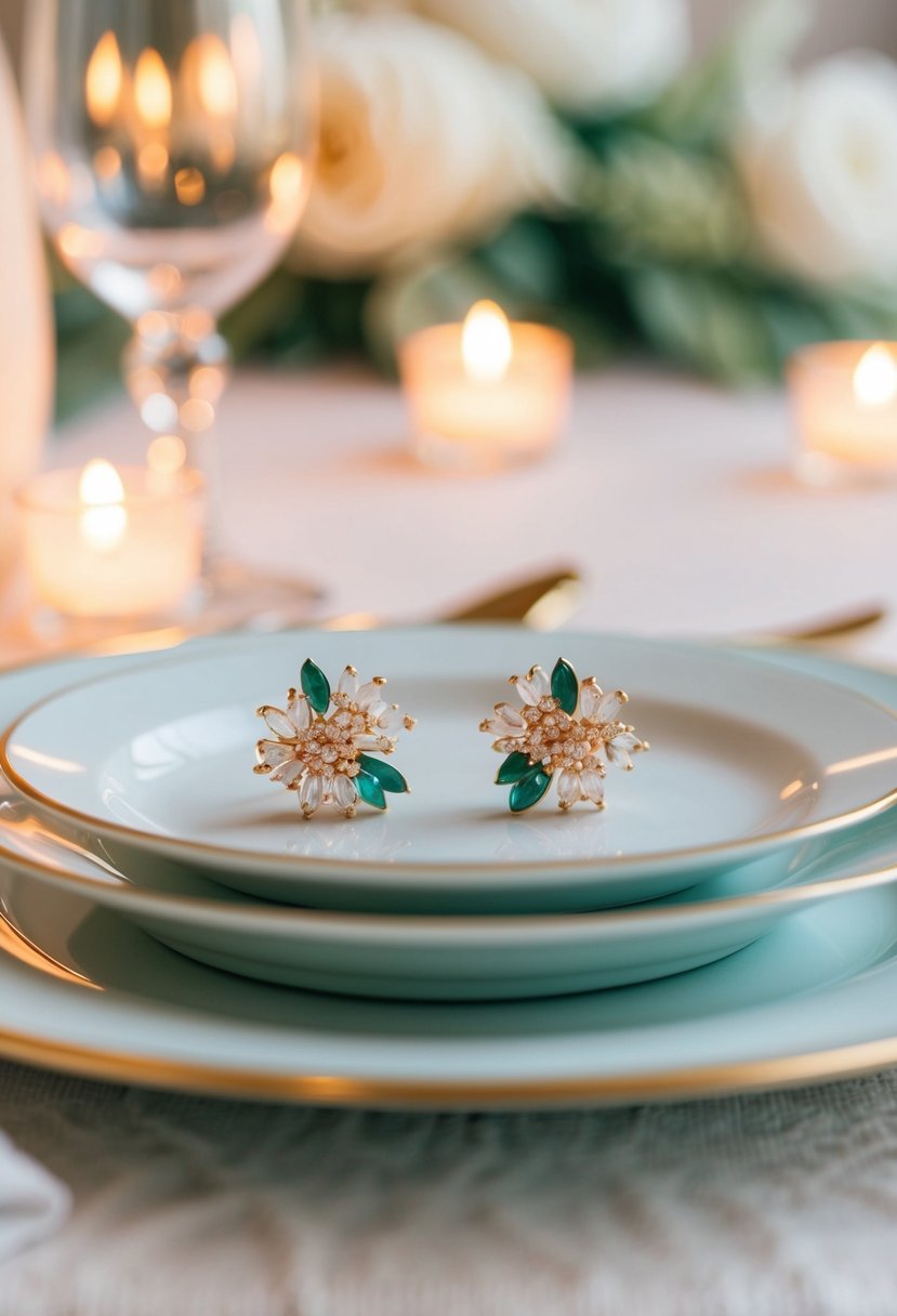 A table set with delicate floral-inspired earrings, surrounded by soft, romantic lighting