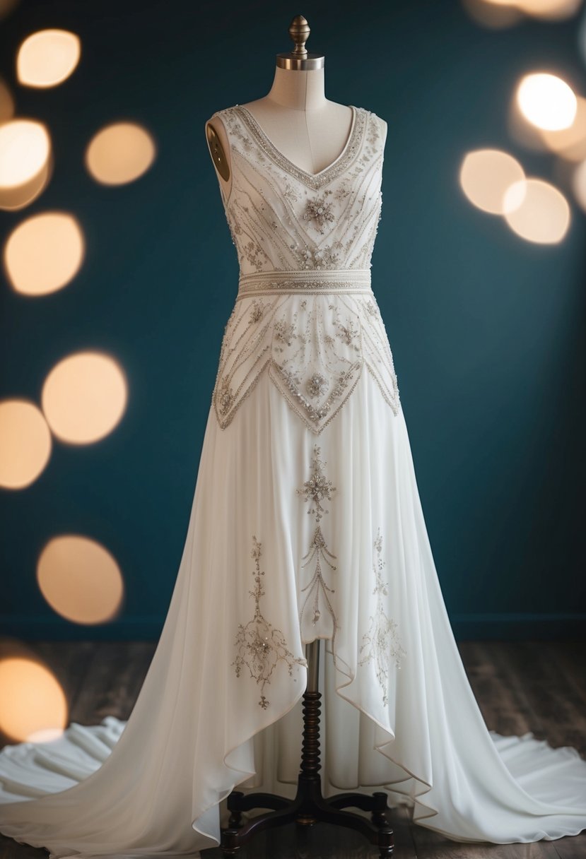 A 1920s style wedding dress adorned with intricate embroidery and delicate beadwork, featuring a dropped waist and a flowing, floor-length skirt