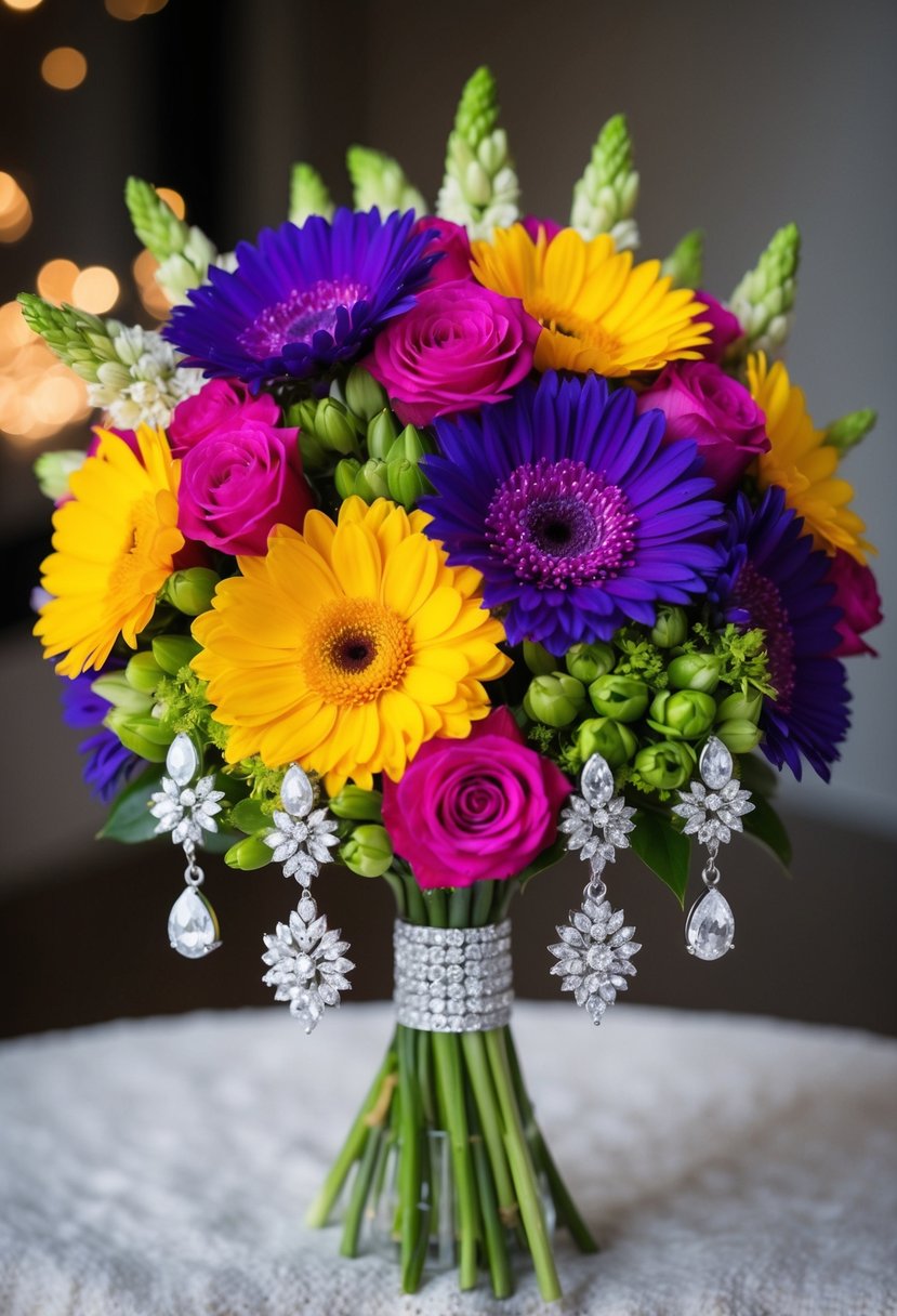 A bouquet of vibrant flowers arranged in the shape of delicate earrings, with intricate details and sparkling gemstones