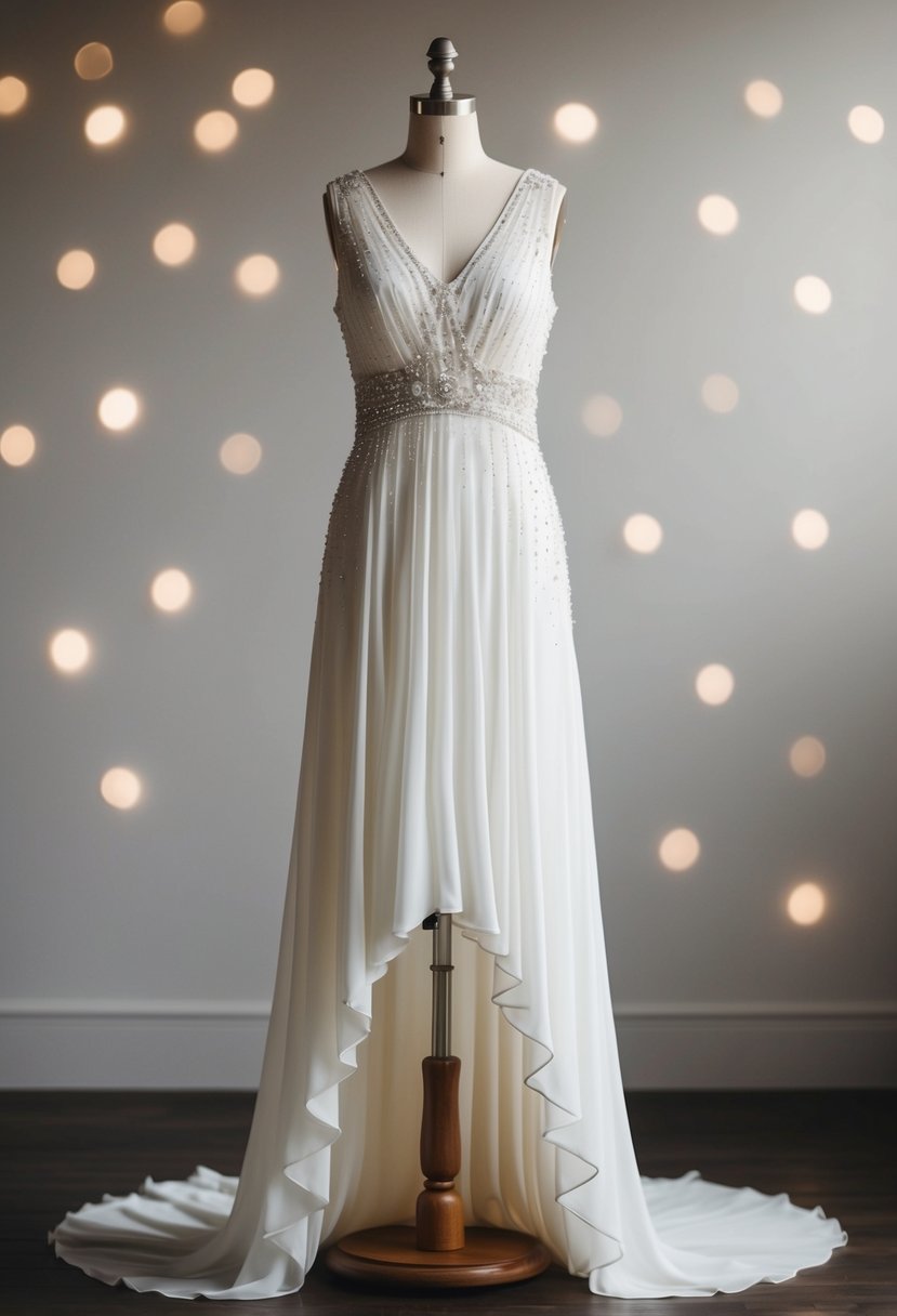 A 1920s-style wedding dress with a dropped waist, beaded embellishments, and a flowing, high-low hemline