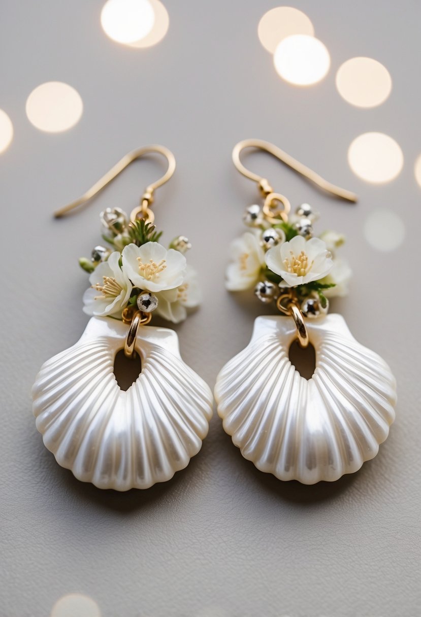 A pair of shell-shaped tassel earrings adorned with delicate flowers, perfect for a wedding ensemble