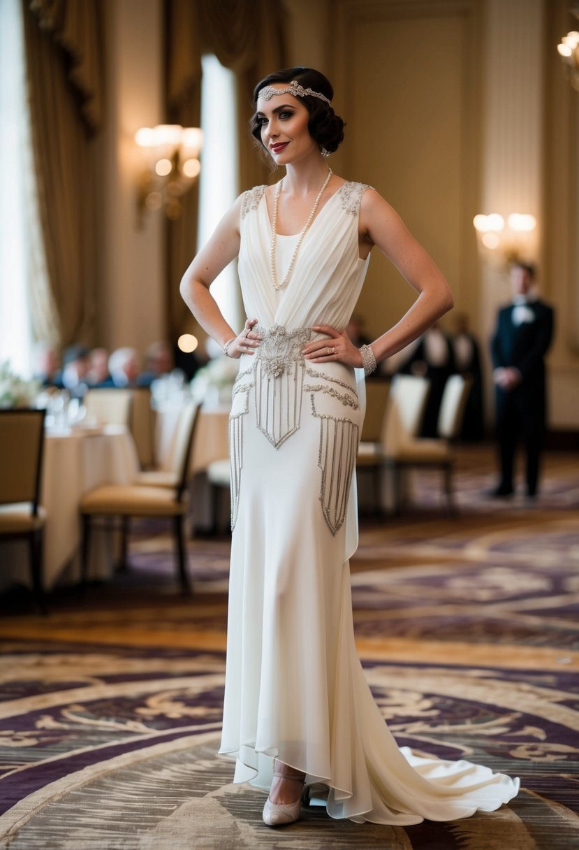 A woman in a 1920s-style wedding dress with pant suit elements, adorned with art deco details and a dropped waistline, standing in a lavish ballroom