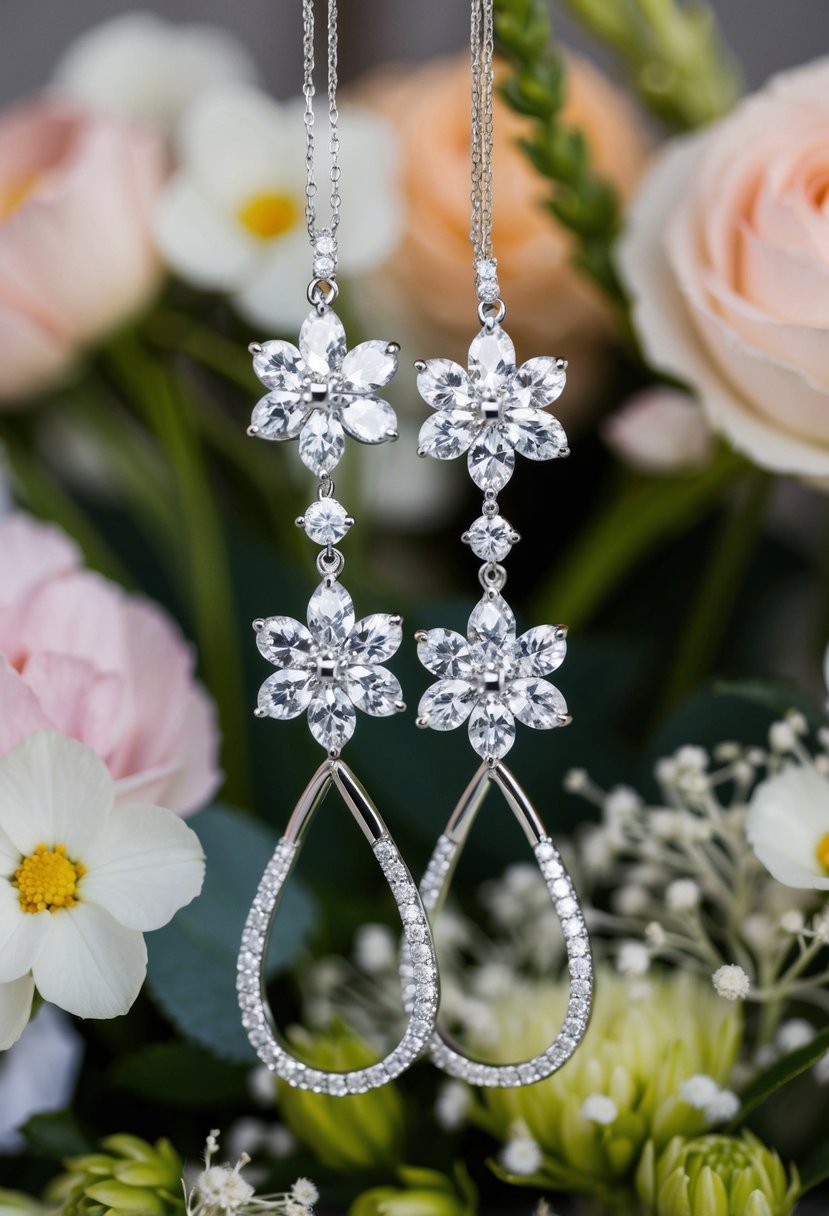 A pair of diamond flower drop earrings hanging from a delicate knot, surrounded by floral wedding decor