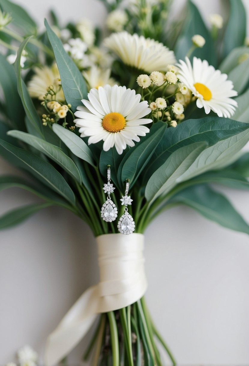 A delicate bouquet of daisy leaves and flowers intertwined with elegant earrings, perfect for a wedding