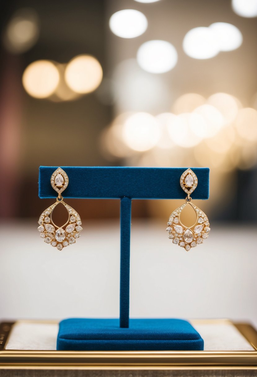 A pair of elegant gold wedding earrings on a velvet jewelry display