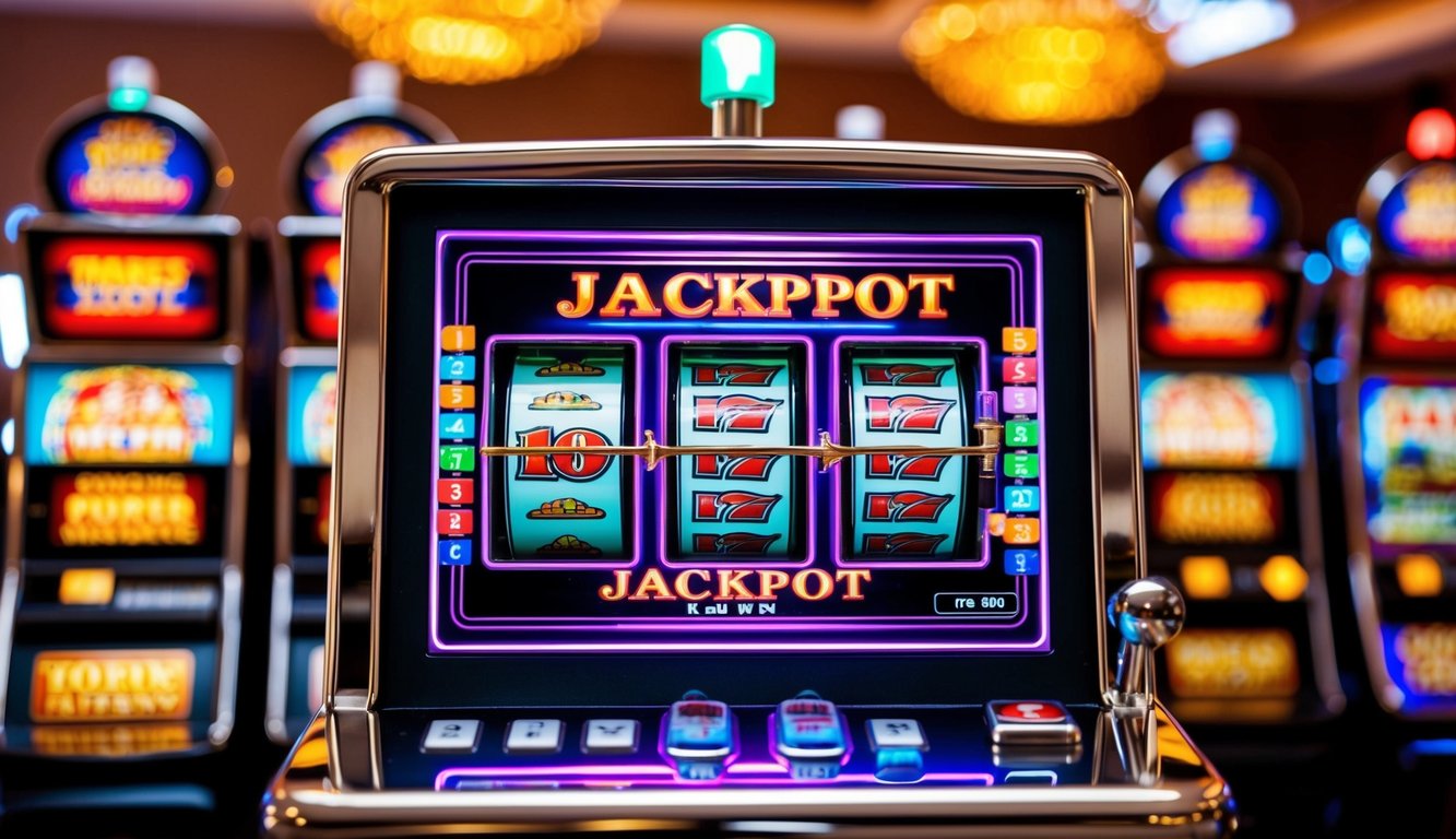 Sebuah mesin slot online yang berwarna-warni dengan lampu berkedip dan jackpot besar yang terus tumbuh