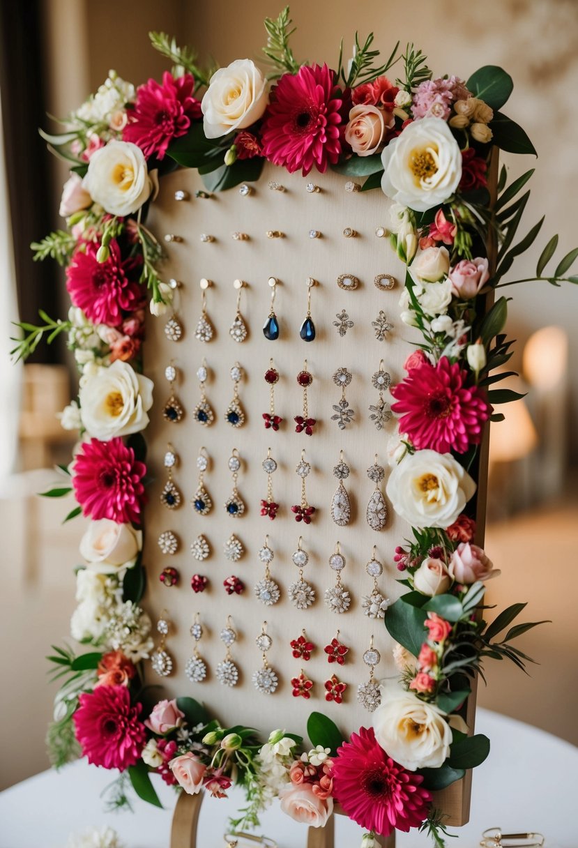 A beautiful floral earring board with various wedding earring ideas displayed