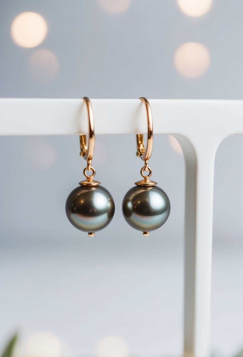 A pair of modern gold pearl earrings displayed on a simple, elegant white background