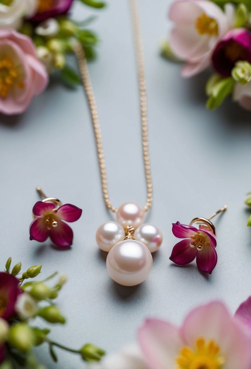 A delicate pearl pendant and petal stud earrings arranged with floral wedding decor