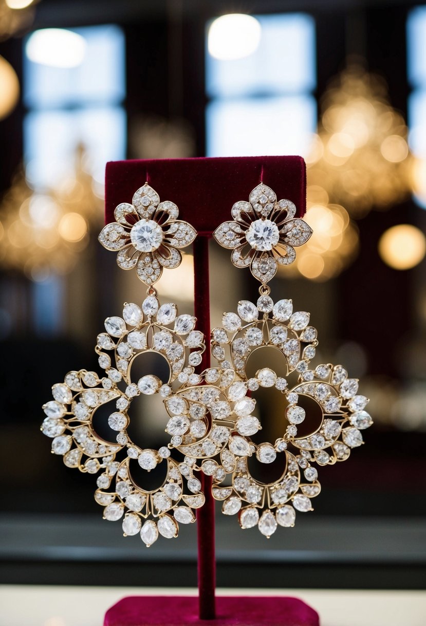 A pair of intricate, oversized flower-shaped earrings dangle from a velvet display, catching the light with their sparkling gemstones