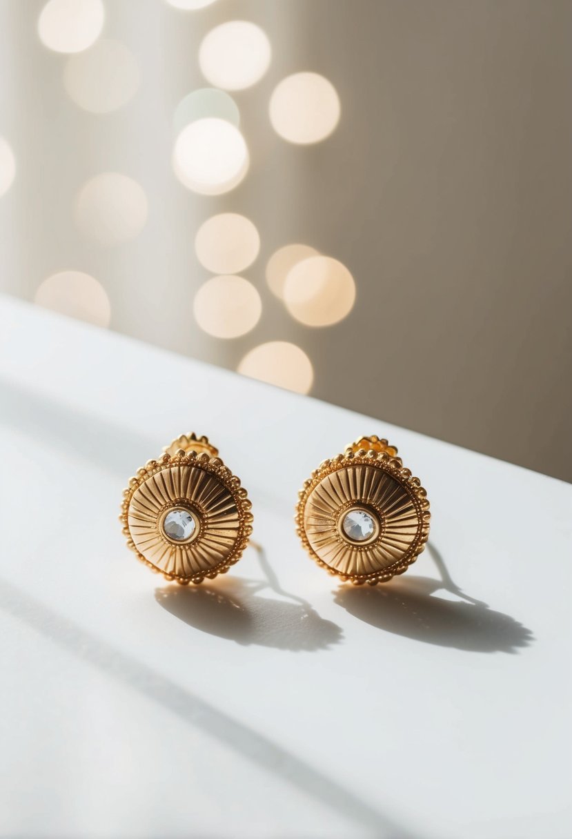 A pair of simple gold jhumka earrings on a clean, white surface with soft natural lighting