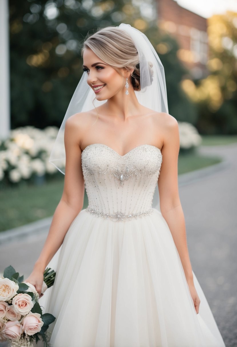 A bride in a strapless, A-line gown with a beaded bodice and a full tulle skirt, accessorized with a delicate veil and a bouquet of roses