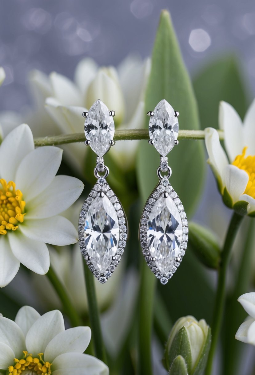 A pair of Anna Bellagio Cubic Zirconia Marquise Earrings displayed among delicate flower wedding earring ideas