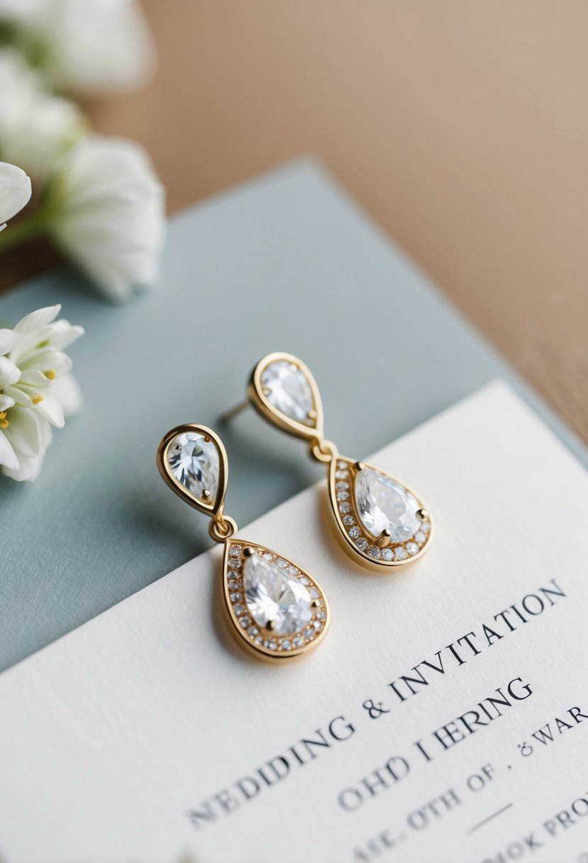 A pair of gold teardrop dangle earrings with cubic zirconia stones, resting on a simple white wedding invitation