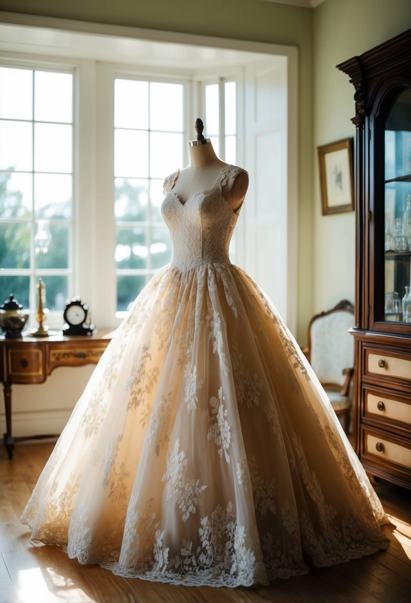 A lace vintage ball gown displayed on a mannequin in a sunlit room with antique furniture