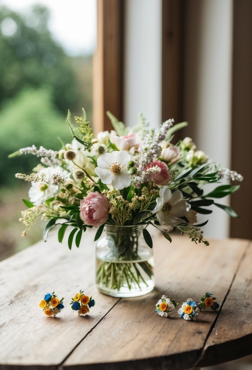 A delicate bouquet of handmade floral earrings displayed on a rustic wooden table, with soft natural light streaming in from a nearby window