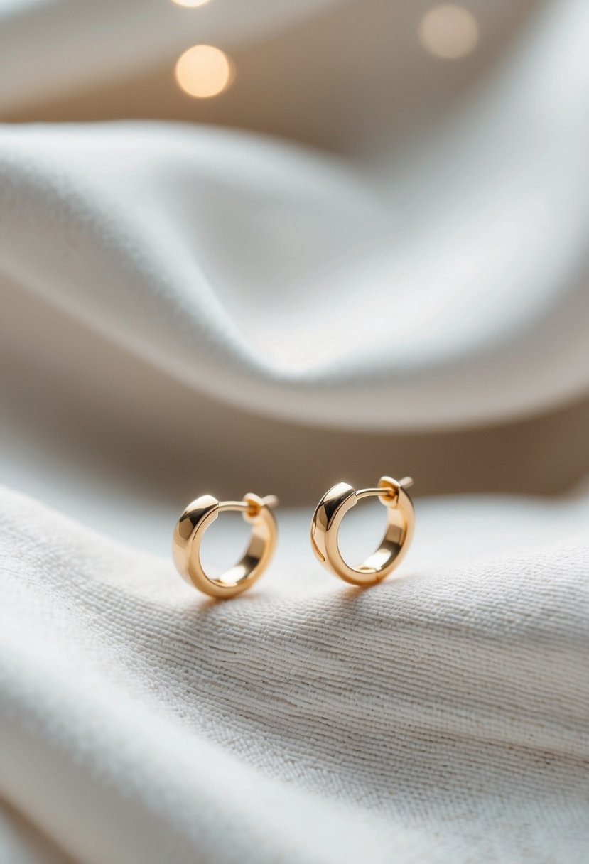 A pair of simple, elegant gold earrings resting on a soft, white fabric background