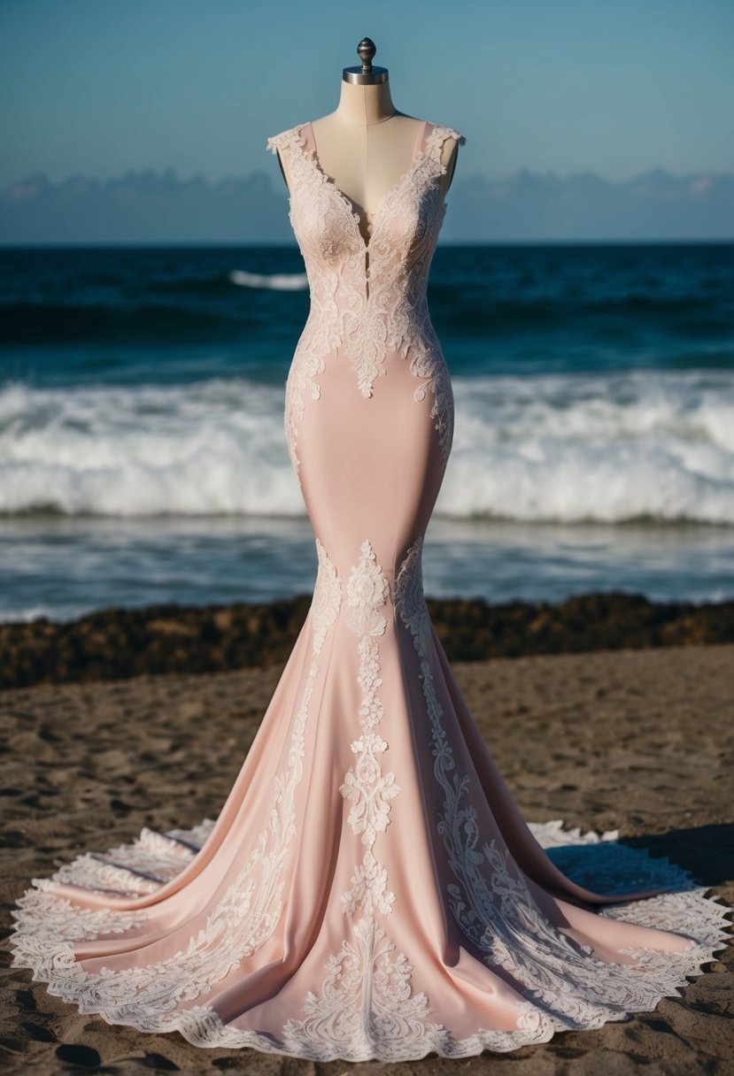 A mermaid-style wedding dress in blush pink with intricate lace detailing and a flowing train, set against a backdrop of ocean waves