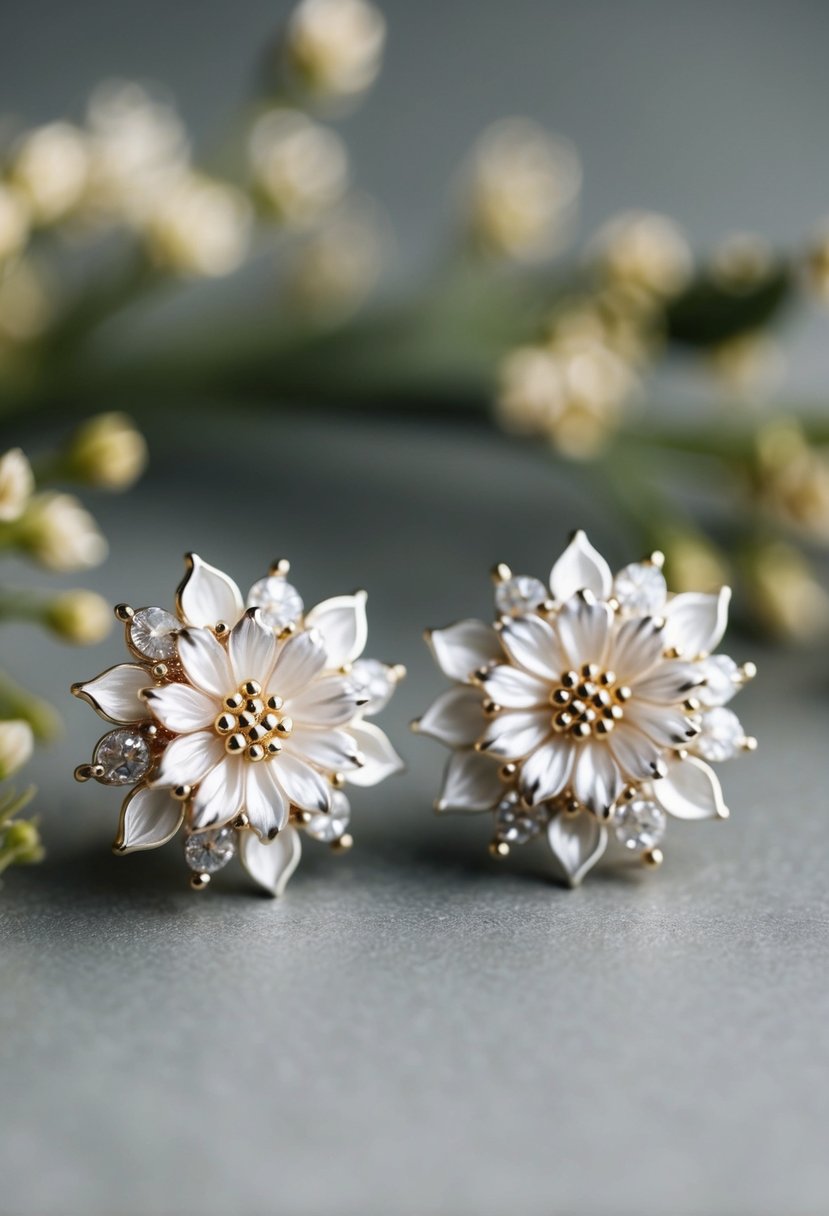 A delicate pair of floral bridal earrings by Tania Maras, featuring intricate details and a romantic, ethereal design