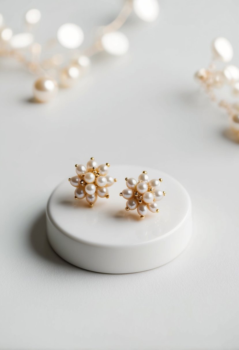 A pair of delicate gold pearl cluster earrings displayed on a simple white background