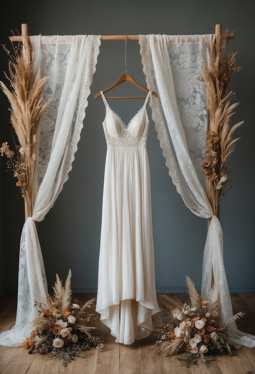 A bohemian chic maxi 00s wedding dress hanging on a vintage wooden hanger, surrounded by dried flowers and lace curtains