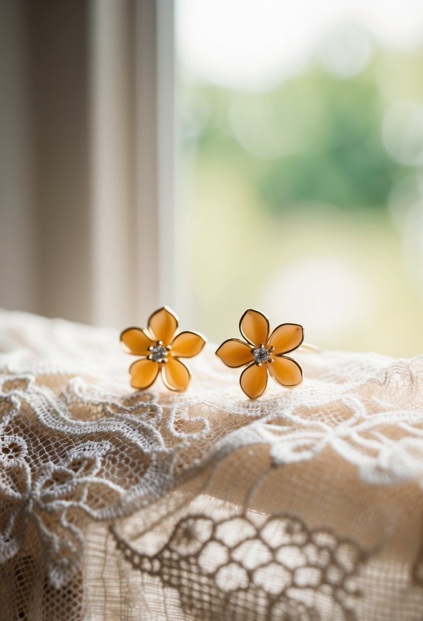 A delicate pair of flower-shaped wedding earrings displayed on a vintage lace fabric with soft natural lighting streaming in from a nearby window