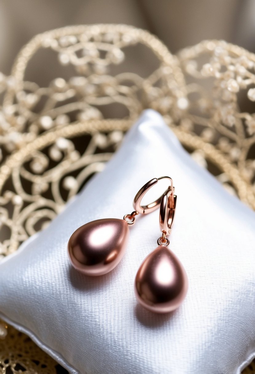 A pair of elegant rose gold drop earrings on a white silk pillow, surrounded by delicate gold filigree details